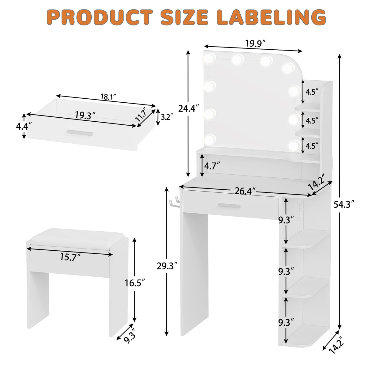 wanan Small Makeup Vanity Desk with Mirror and Lights, Compact Vanity with Chair and Charging Station, 3 Color Lighting Modes for Small Space,White wanan