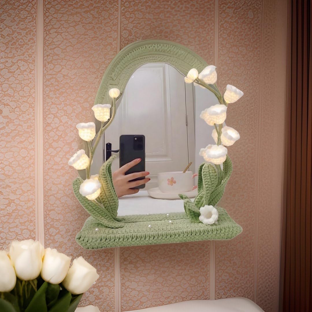 kasthamandap wooden Makeup Vanity Mirror with led Light, Handcrafted Crochet Flower Accent for Room Decoration - WoodArtSupply