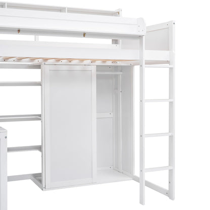 SOFTSEA Twin Loft Bed with Desk, Wardrobe, and Bookcase in White for Space-Saving Style - WoodArtSupply