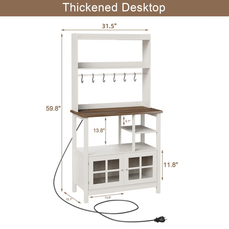 ChooChoo Farmhouse Bakers Rack with Power Outlets and Storage, Coffee Bar Cabinet with Storage, Microwave Stand Kitchen Cabinet with Hutch and 6 Hooks, Soft White & Brown ChooChoo