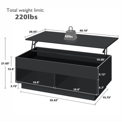 LED Coffee Table for Living Room Lift Top Coffee Tables with Storage Morden High Gloss 4 Tiers Black Tea Table Center Tables Sofa Hidden Compartment & 2 Open Shelve - WoodArtSupply