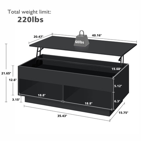 LED Coffee Table for Living Room Lift Top Coffee Tables with Storage Morden High Gloss 4 Tiers Black Tea Table Center Tables Sofa Hidden Compartment & 2 Open Shelve HOMMPA