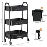 3 Tier Black Metal Rolling Cart with Lockable Wheels & Hanging Cups, Utility Storage Organizer for Bathroom, Kitchen, Laundry, Garage, Craft, Baby Diaper, Snack and Book, Easy Assembly Recximi