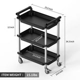 3-Tier Rolling Utility Cart with Wheels, Portable Garage Tool Cart for Warehouse Office Home, Food Utility Service Cart for Restaurant, Kitchen, Office, Plastic Push Cart, 25.6" x 14.6" x 34.3" ONCUPID