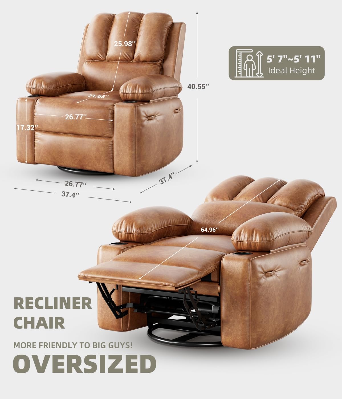 Oversized 27" Power Recliner Chair with Heat and Massage - 360° Swivel Faux Leather Rocking Chair for Adults with Cup Holder for Living Rooms, Bedrooms, and Nurseries - Brown GarveeHome