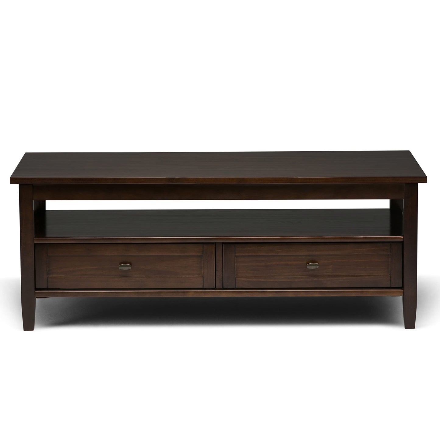 SIMPLIHOME Warm Shaker SOLID WOOD 48 inch Wide Rectangle Rustic Coffee Table in Tobacco Brown, for the Living Room and Family Room - WoodArtSupply