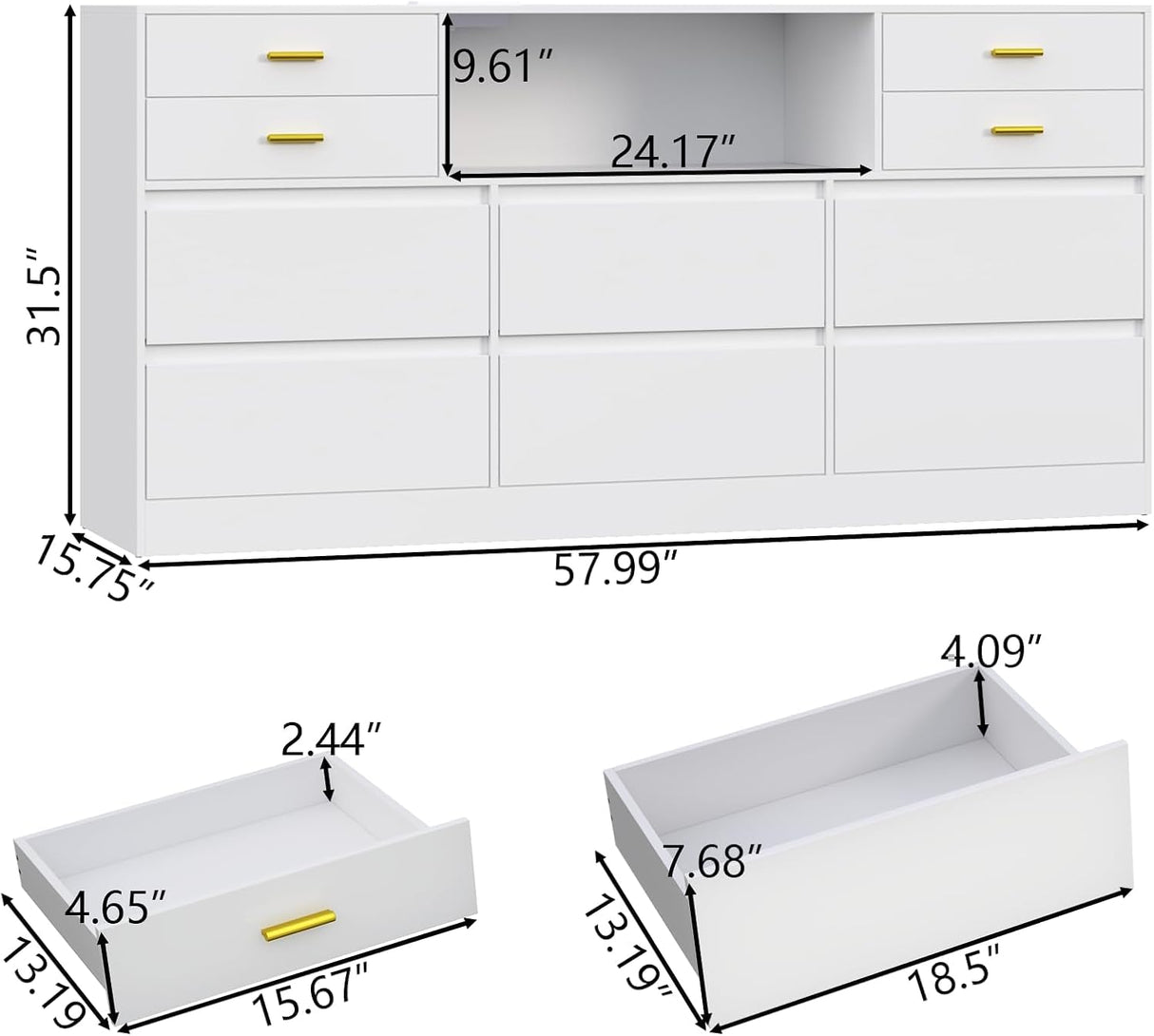 Loomie 10 Drawer White Dresser with Charging Station & Led Lights for Bedroom, 58" Long Triple Wide Dresser TV Stand for TVs up to 65", Large Dressers Organizer with Open Cubby, Wide Chest of Drawer Loomie