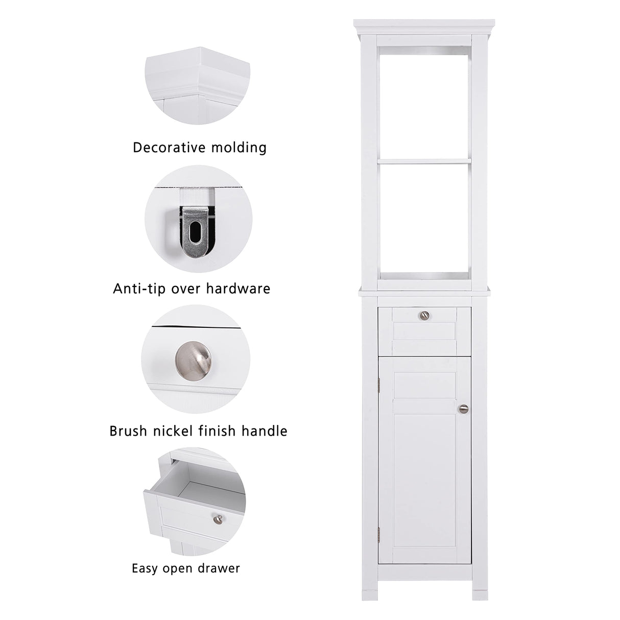 Spirich Bathroom Freestanding Storage Cabinet with Two Tier Open Shelves, Tall Slim Cabinet with Door and Drawer, Floor Linen Tower (White) Spirich