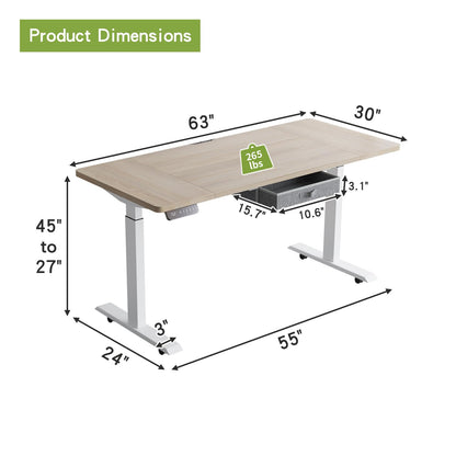 Radlove Dual Motors Height Adjustable 63 x 30'' Electric Standing Desk with Drawer Stand Up Table 4 Memory Keys, Computer Desk with Splice Board Home Office Desk, Oak Top + White Frame - WoodArtSupply