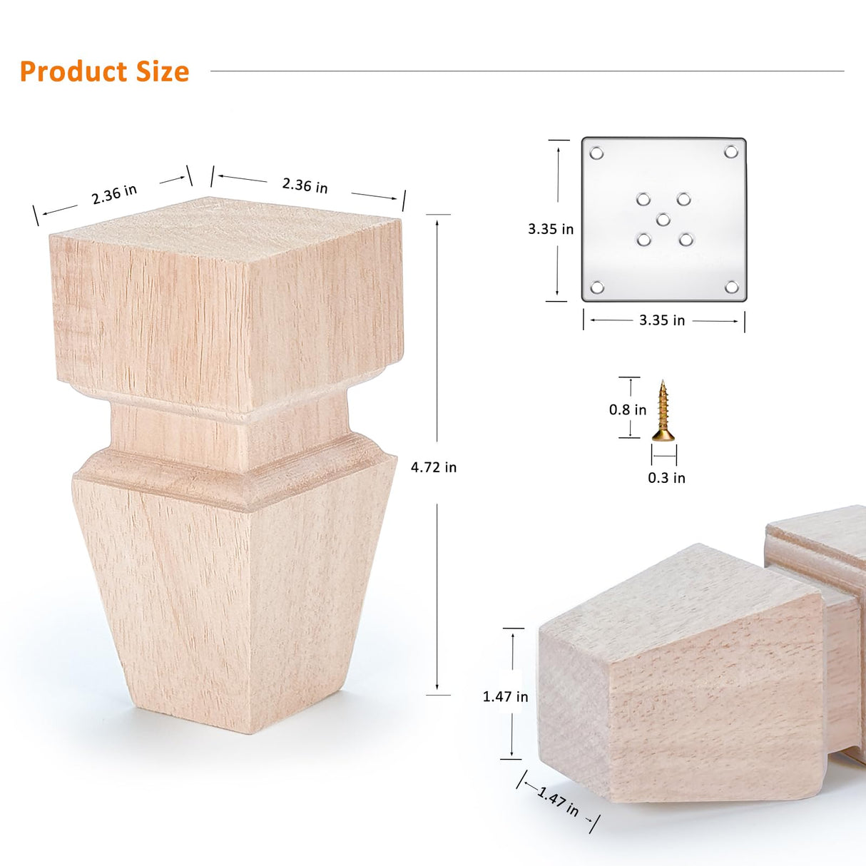 CRAPAPFERT 5 Inch Wooden Furniture Legs, Set of 4 Replacement Solid Wood Unfinished Square Furniture Bun Feet for Couch Chair Sofa Dresser Desk Table Cabinet Bed Bookcase (with mounting parts) CRAPAPFERT
