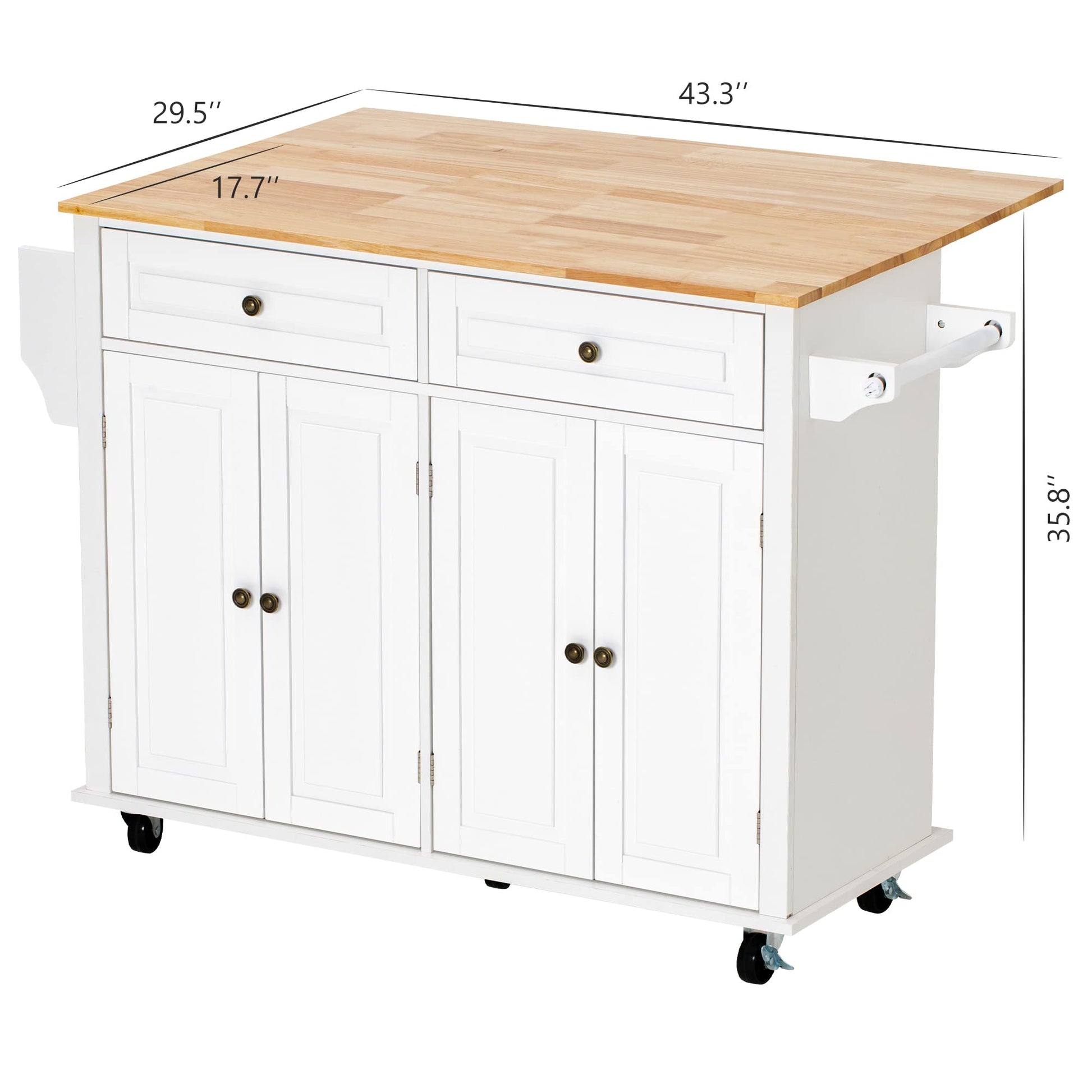 Squireewo Kitchen Cart with Wood Top and Drop Leaf Breakfast Bar, Rolling Mobile Kitchen Island Table on Wheels with Drawer and Storage Cabinet, Spice Rack, Towel Rack, White - WoodArtSupply