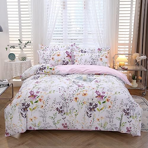 URBONUR Floral Duvet Cover Set Twin Size 3-Pieces Egyptian Cotton Percale Weave Garden Chic Flowers Comforter Bedding Set, Soft and Breathable Duvet Covers with Button Closure URBONUR