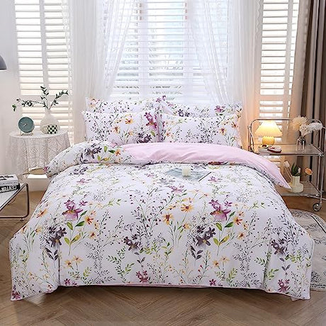 URBONUR Floral Duvet Cover Set Twin Size 3-Pieces Egyptian Cotton Percale Weave Garden Chic Flowers Comforter Bedding Set, Soft and Breathable Duvet Covers with Button Closure URBONUR
