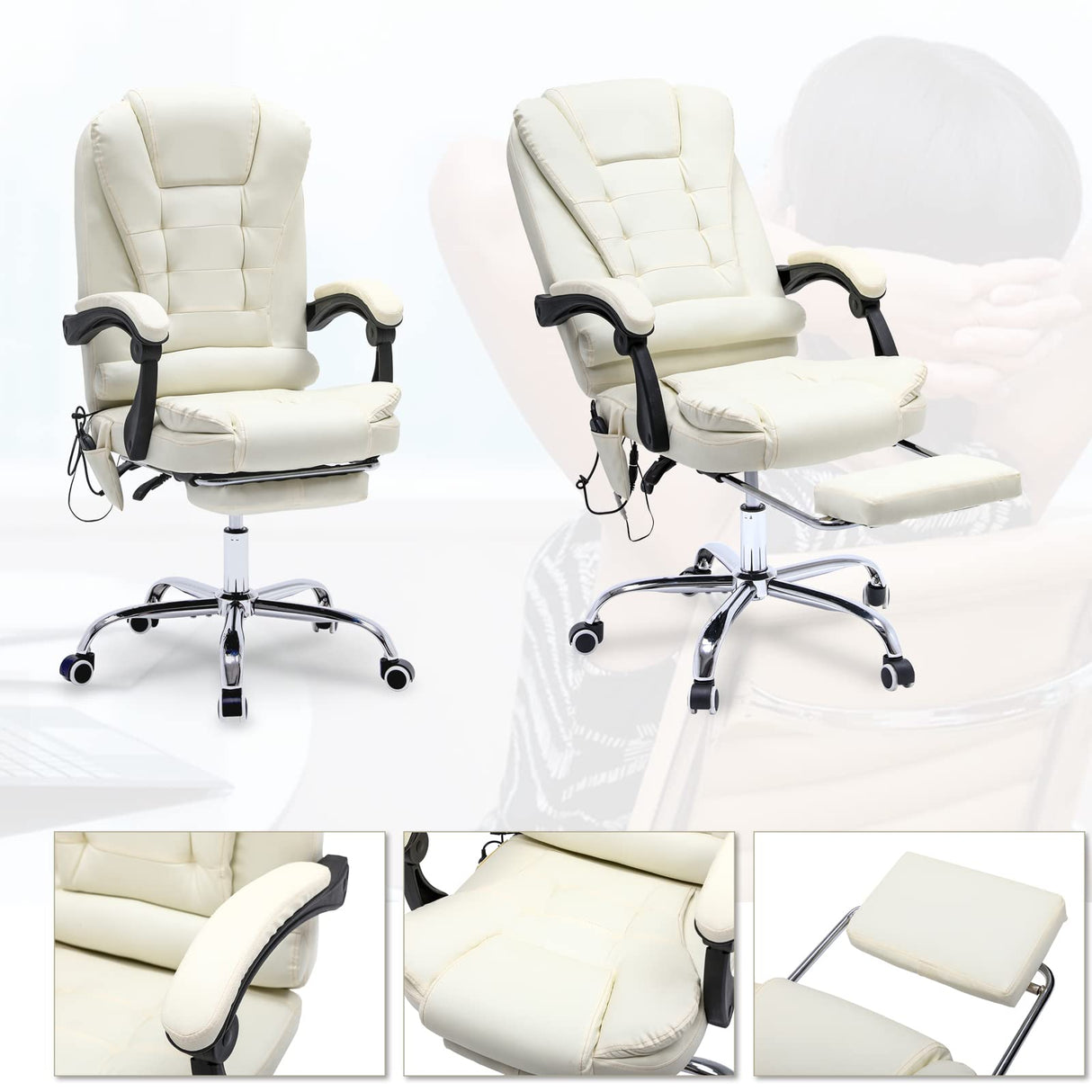 ONPNO Reclining Office Chair with Massage, Ergonomic Office Chair w/Foot Rest, PU Leather Executive Computer Chair w/Heated, Padded Armrest, High Back Swivel Recliner for Office Home Study (White) ONPNO