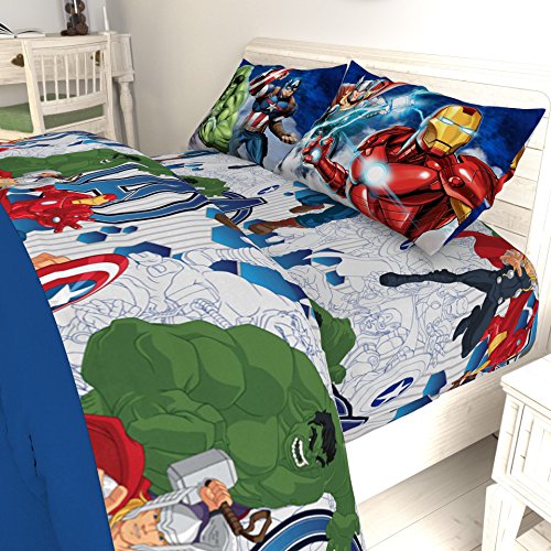 Marvel Avengers Blue Circle 5 Piece Full Bed Set - Includes Reversible Comforter & Sheet Set - Bedding Features Captain America & Iron Man - Fade Resistant Microfiber (Official Marvel Product) Jay Franco