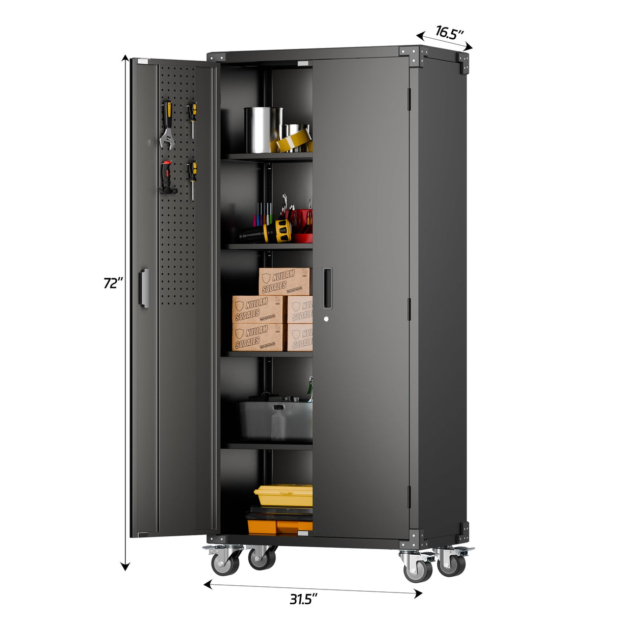 Aobabo 72" H Metal Storage Cabinet with Wheels for Garage, Locking Metal Storage Cabinet with 4 Shelves and 2 Pegboards, Rolling Tool Storage Cabinet on Wheels, Black, Assembly Required Aobabo