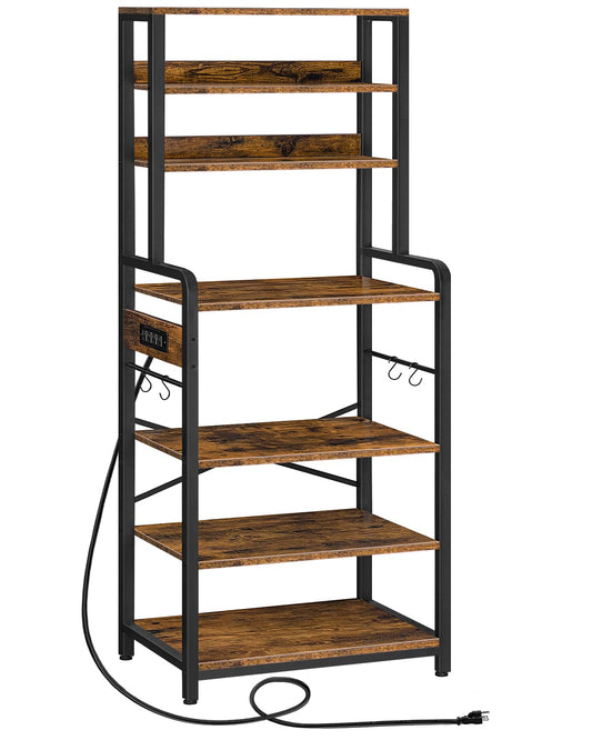 HOOBRO Bakers Rack with Power Outlet, 68.1inch Height Microwave Stand with 4 S-Shaped Hooks, 7-Tier Kitchen Storage Shelf Rack, Coffee Bar, for Kitchen, Living Room, Rustic Brown BF06HB01