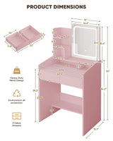 LIVELYGLOW Vanity Desk Set with Square Mirror and Light- Small Vanity Tale with Drawers- Pink LIVELYGLOW
