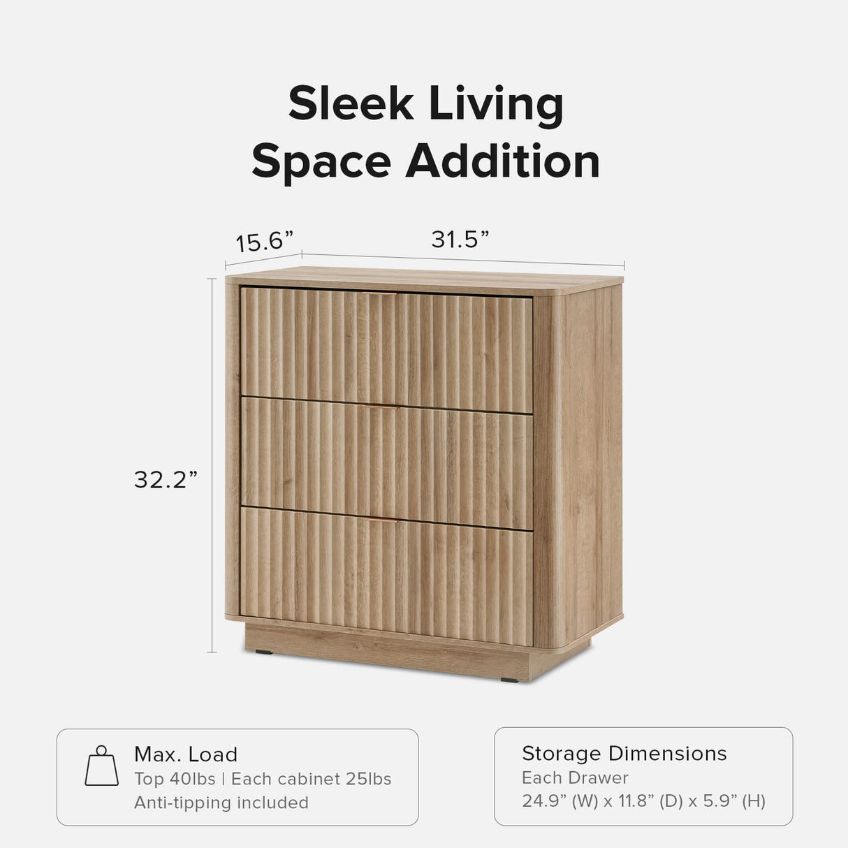 mopio Brooklyn 3 Drawer Dresser for Bedroom, Mid Century Modern Chest of Drawers, Wood Tall Nightstand, Waveform Fluted Side Table, Enhanced Safety, ASTM F2057-23 Sturdy Compliant (Oak) mopio