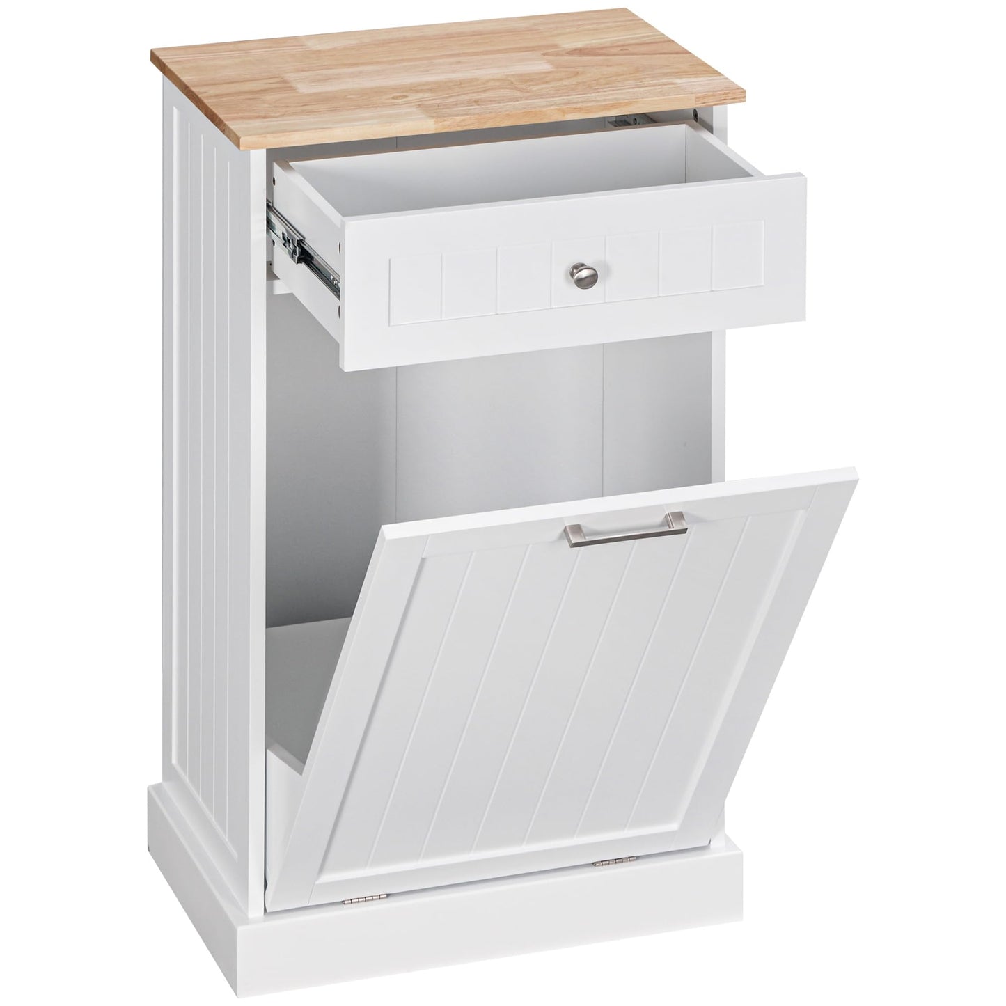 HOMCOM Kitchen Tilt Out Trash Bin Cabinet Free Standing Recycling Cabinet Trash Can Holder with Drawer, White - WoodArtSupply