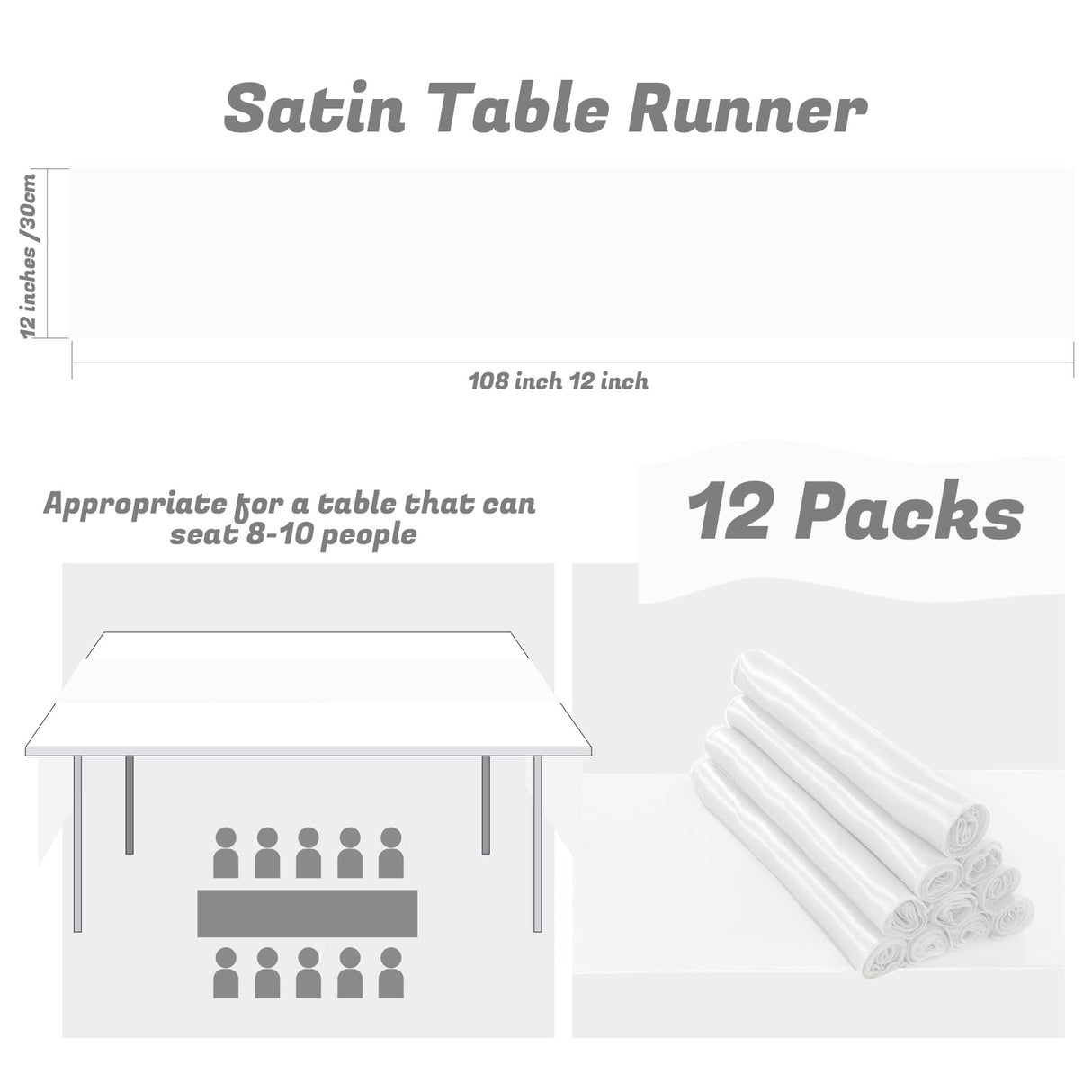 12 Pack White Table Runners 12 x 108 Inch, Rectangular Smooth Satin Silk Table Runner for Wedding, Banquet, Birthday Party Decoration KKJIAF