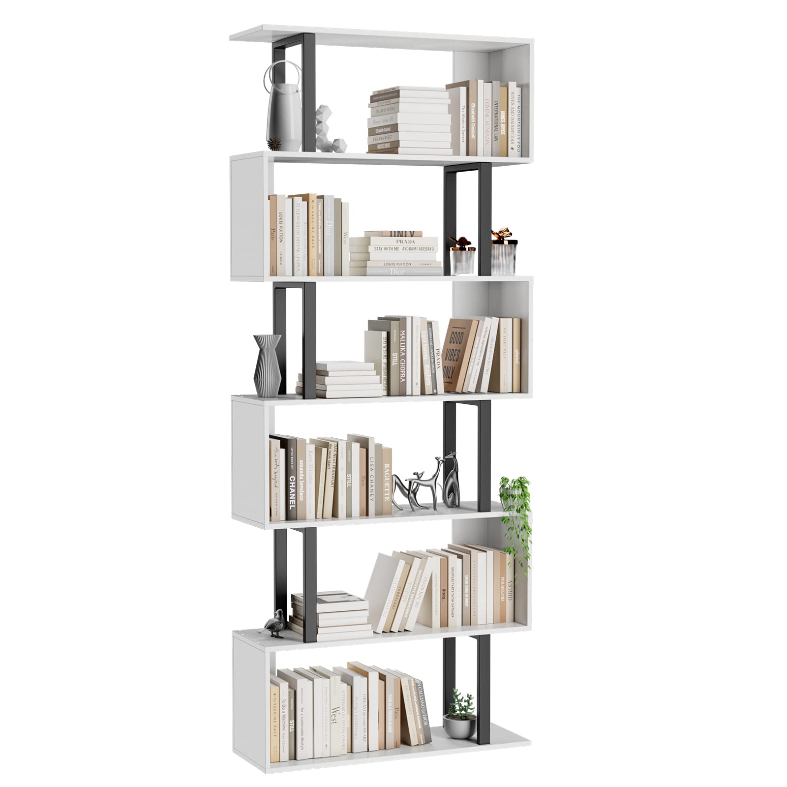 Gadroad 6-Tier S-Shaped Geometric Bookcase in White - Modern Decorative Storage Shelving for Home - WoodArtSupply