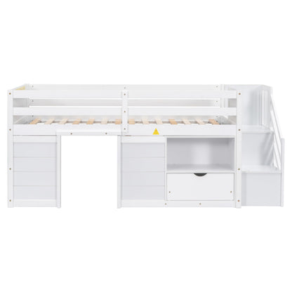 Harper & Bright Designs White Twin Size Low Loft Bed with Storage and Stairs for Kids - WoodArtSupply