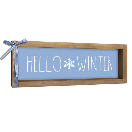 flangairy Hello Winter Sign, Blue Wooden Winter Holiday Centerpieces Snowflake Decor, Indoor Table Top Wall Shelf Desk Mantel Decorative Wood Signage Rustic Farmhouse Seasonal Decorations for Home flangairy