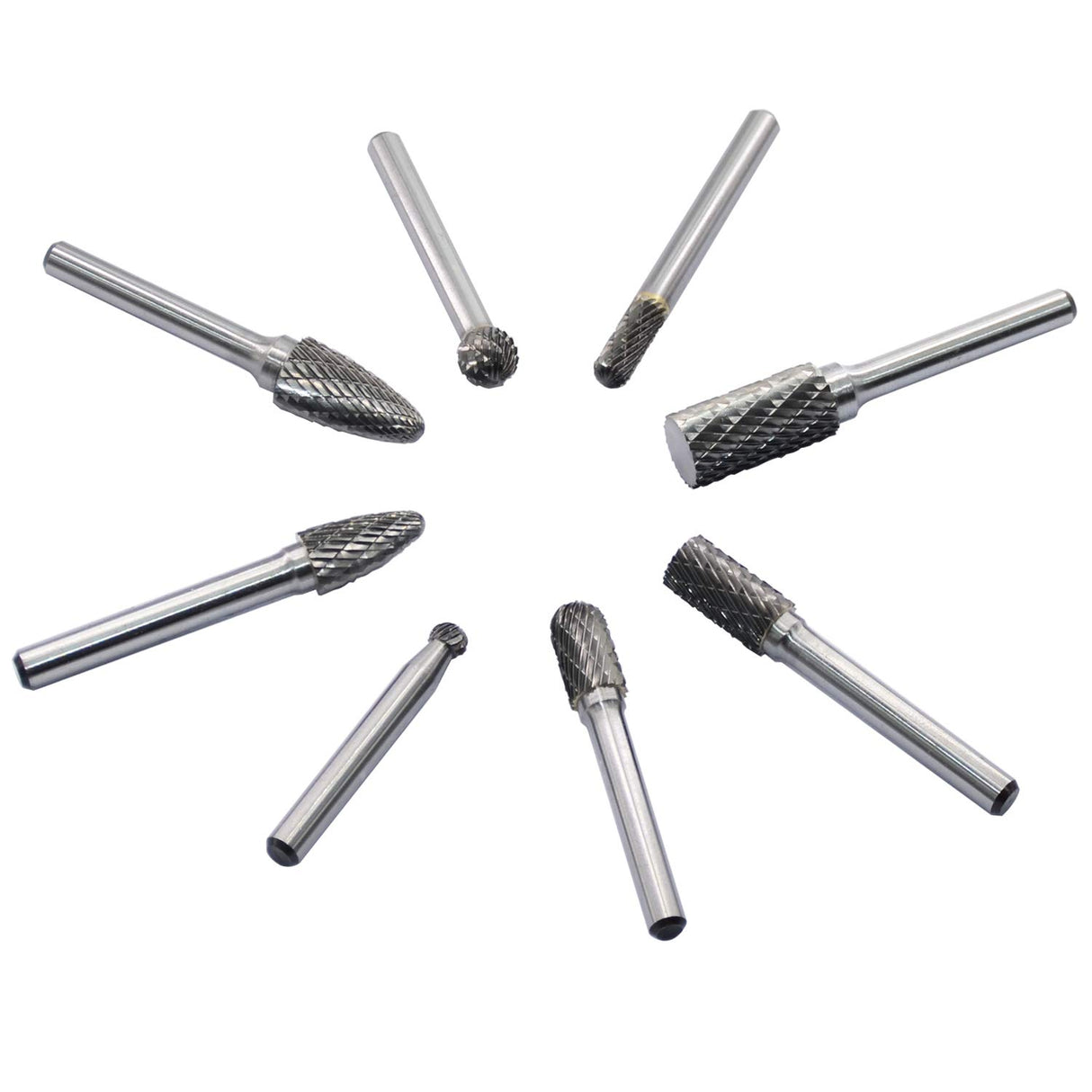 Carbide Burr Set 8pcs with 1/4''Shank Double Cut Solid Power Tools Tungsten Carbide Rotary Files Bits for Die Grinder Metal Wood Carving Engraving Polishing Drilling Grinding Milling Cutting Asieg Tool