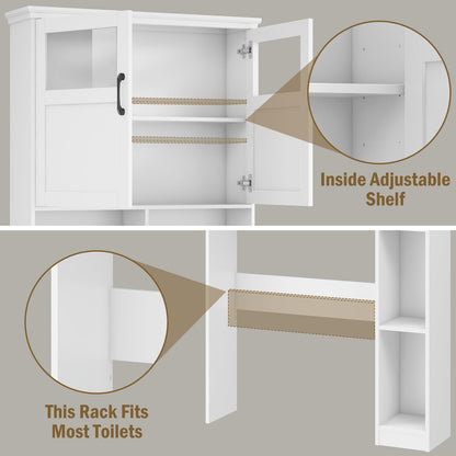 Vabches Over The Toilet Storage Cabinet, Storage Cabinet Over Toilet with Double Doors & Toilet Paper Holder Stand, Freestanding Toilet Shelf Space Saver with Anti-Tip Design & Adjustable Shelf, White