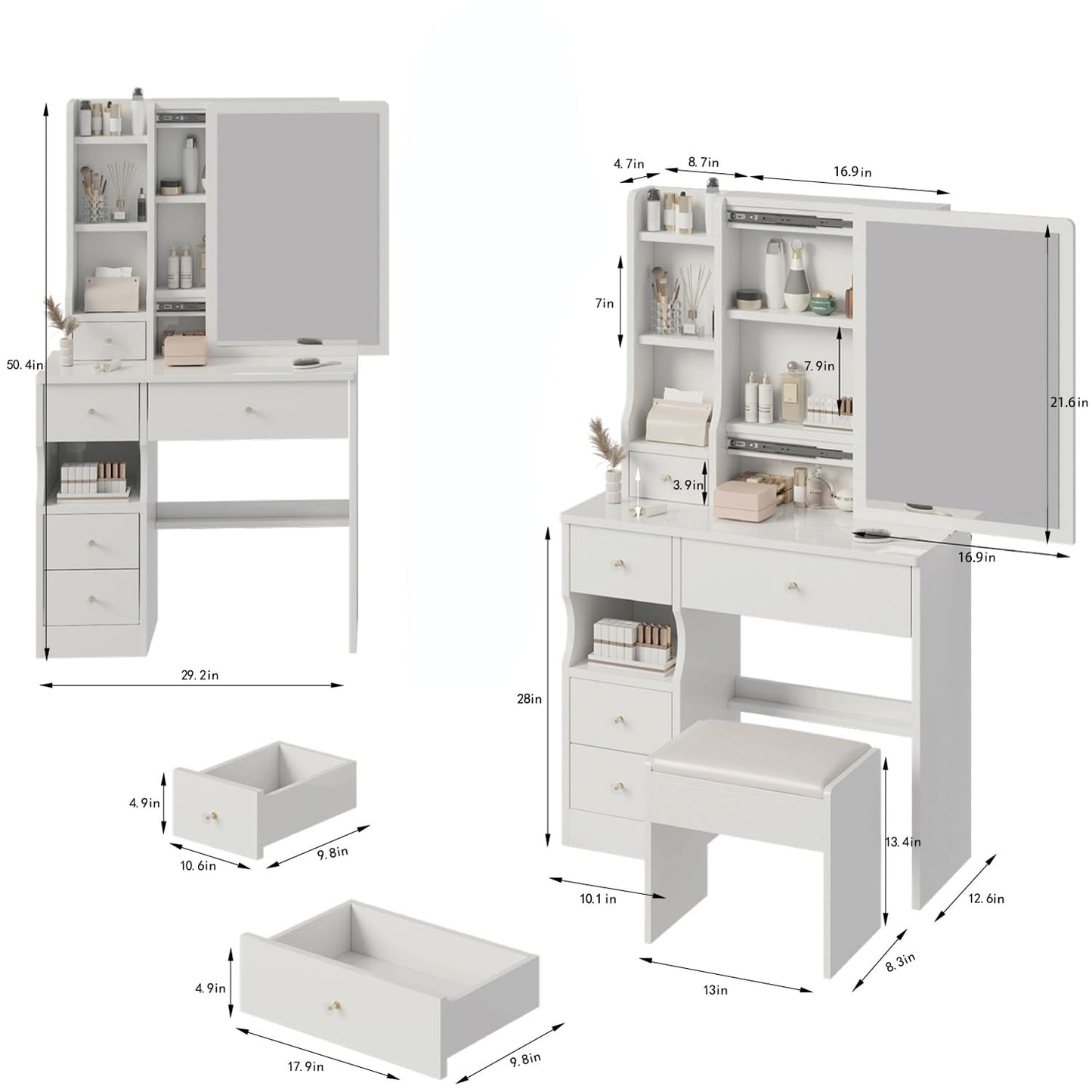 Small Vanity Desk Set with Mirror,Makeup Vanity Desk with Drawers and Shelves,Vanity Mirror Without Lights for Bedroom(White)