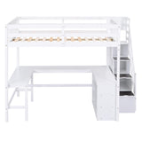 SOFTSEA White Full Loft Bed with L-Shaped Desk and Storage Stairs SOFTSEA