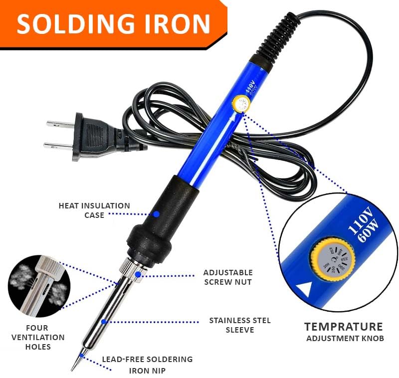 Electric Sodering Iron Kit set 110V 60W Adjustable Temperature Soldering Iron Digital Multimeter 5pcs Soldering Tips Solder Wire Stand, Desoldering Pump Tweezers Welding Tool Screwdriver wire stripper daGodtech