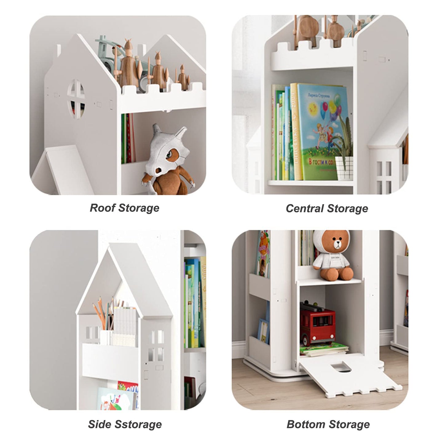 Multi-Functional 360° Rotating Children's Bookshelf - White Floor Stand Storage Rack - WoodArtSupply