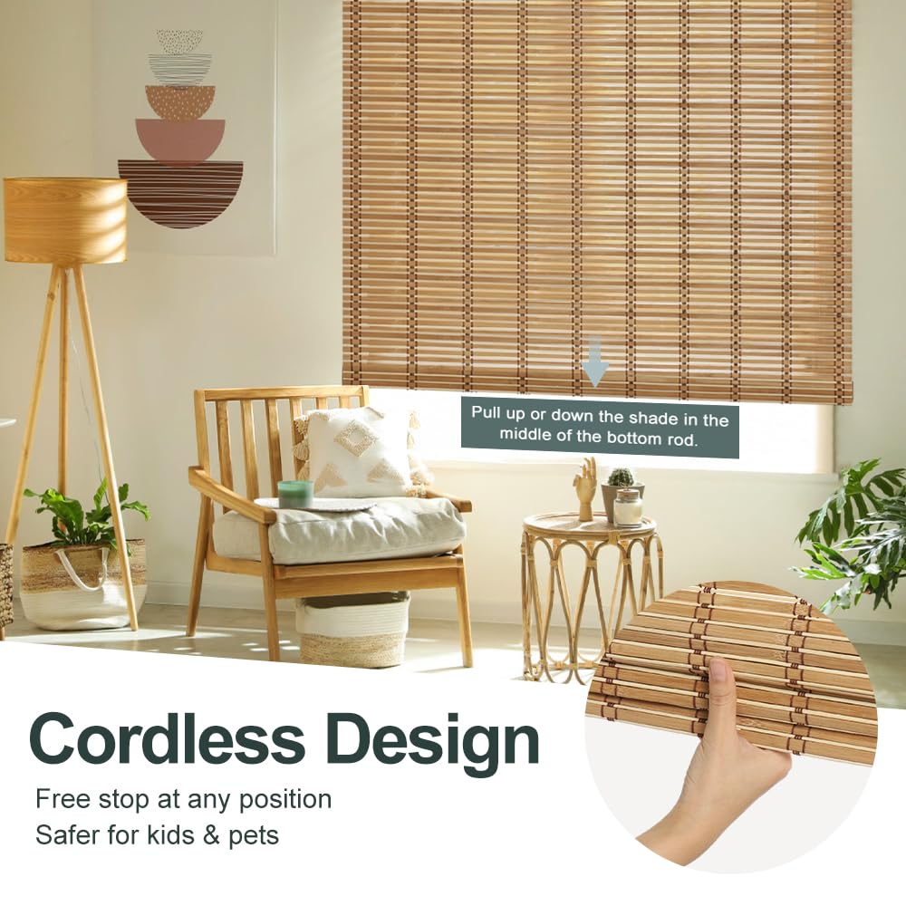SEEYE Cordless Bamboo Blinds Shades, Light Filtering Bamboo Roller Shades Natural Roman Blind Shade, Bamboo Roll Up Blind for Windows, Easy to Install for Door, Patio, Bedroom, 26" W x 64" H,Natural SEEYE
