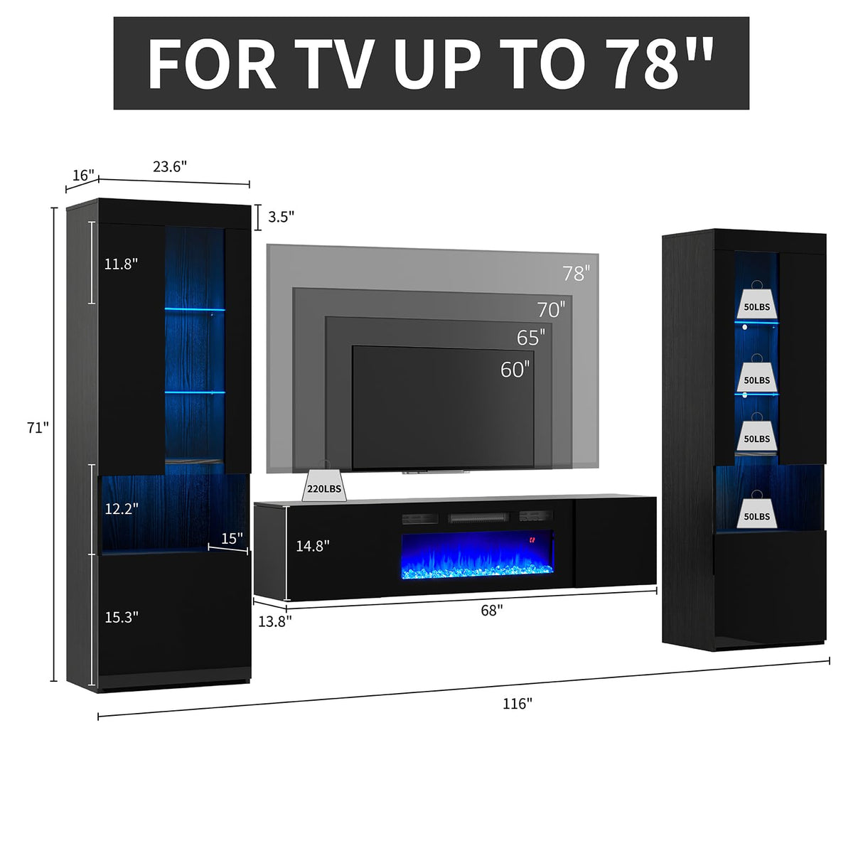 AMERLIFE High Gloss Living Room Entertainment Center with LED Lights, Including Floating Fireplace TV Stand with 36" Electric Fireplace & 2 Bookcases with Glass Doors, Black AMERLIFE