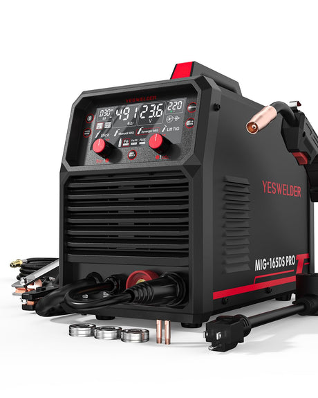 YESWELDER 165A MIG Welder, Flux Core MIG/Gas MIG/Lift TIG/Stick 4 in 1 Multi-process Welding Machine, LED Digital Display Synergic Control 110V/220V Dual Voltage MIG-165DS PRO YESWELDER