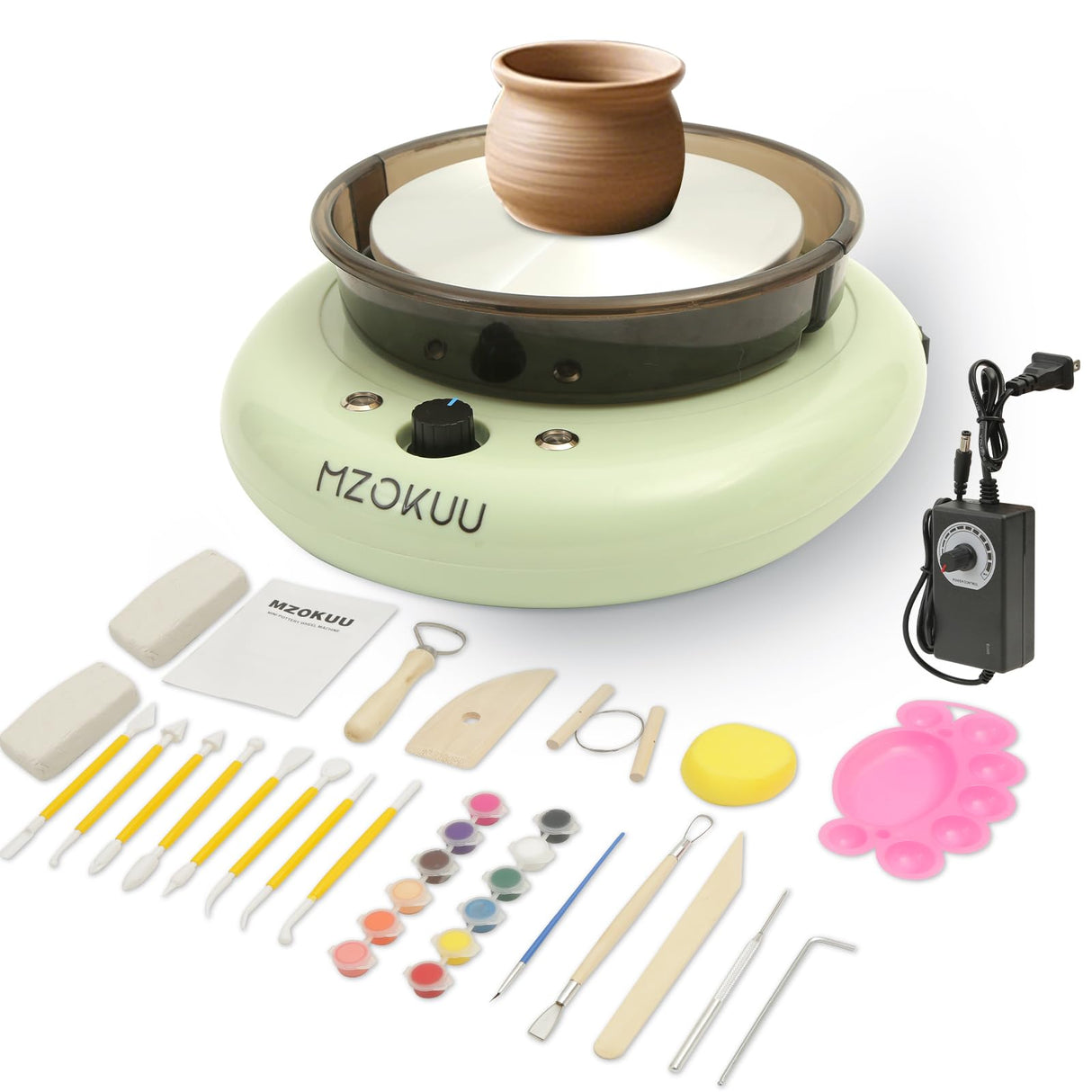 MZOKUU Pottery Wheel for Kids 6” Turntable Pottery Wheel with Led Ambient Light Adjustable Speed 2 Ways Rotation 18PCS Complete Pottery Wheel Kits ABS Detachable Basin Craft Gifts for Beginners/Adults MZOKUU