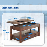 Lift Top Coffee Table with Hidden Compartment & 2 Storage Shelves - Living Room Dining Table with Rising Tabletop Lifttop Desk for Apartment, Home, Condo - Rustic Brown Lifetime Home