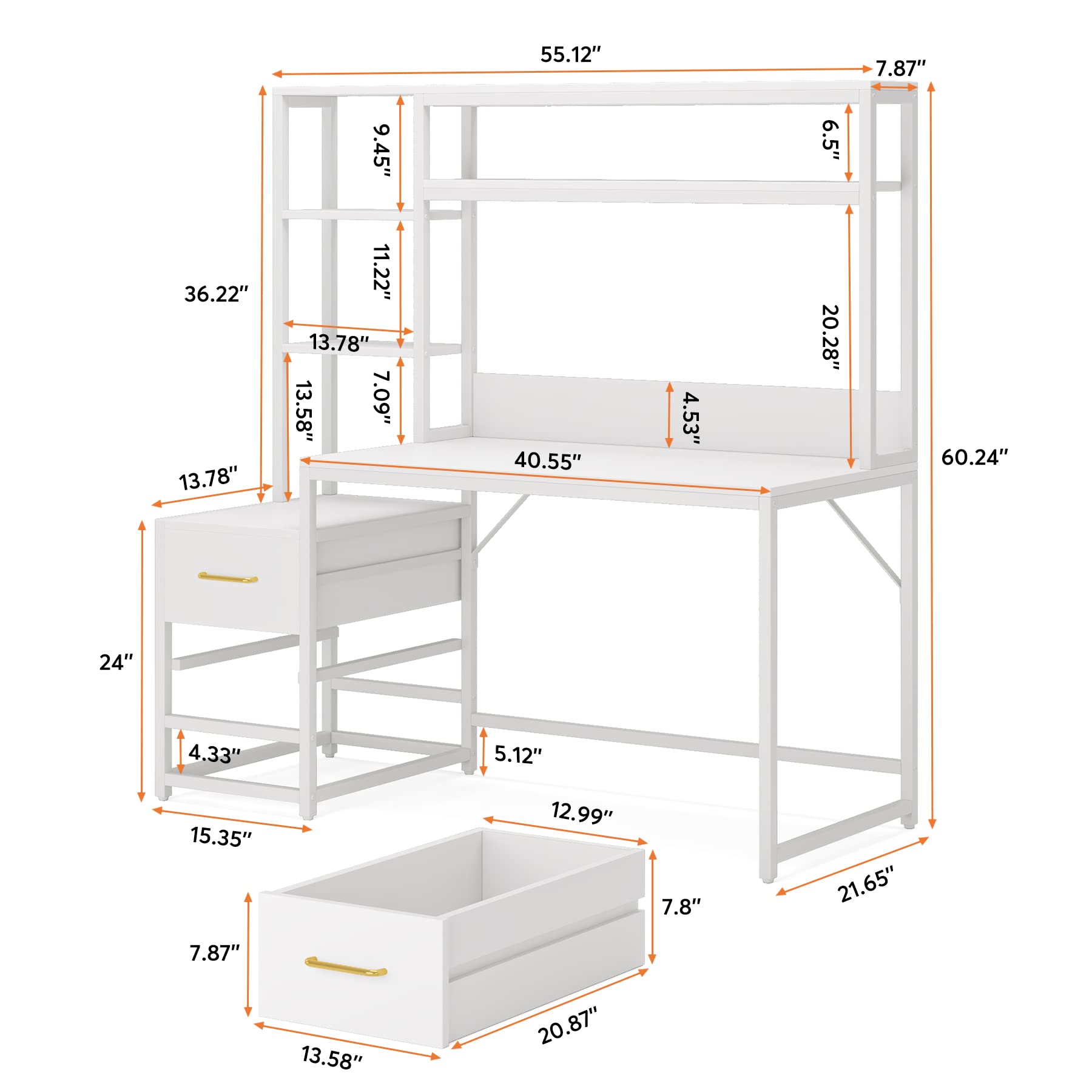 Tribesigns 55 Inch Computer Desk with 2 Drawers and Storage Shelves, Wihite Office Desk with Hutch, Modern Study Writing Gaming Table Laptop Workstation for Home Office (White) - WoodArtSupply