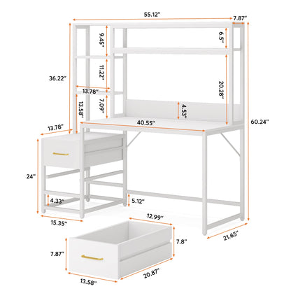 Tribesigns 55 Inch Computer Desk with 2 Drawers and Storage Shelves, Wihite Office Desk with Hutch, Modern Study Writing Gaming Table Laptop Workstation for Home Office (White) - WoodArtSupply