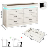Hlivelood 59" Large Farmhouse 6 Drawers Dresser for Bedroom,Wide Wood Rustic 6 Chests of Drawers for Closet,with LED Light and Power Outlets,Tall Storage Dresser Organizer for Bedroom(White) Hlivelood