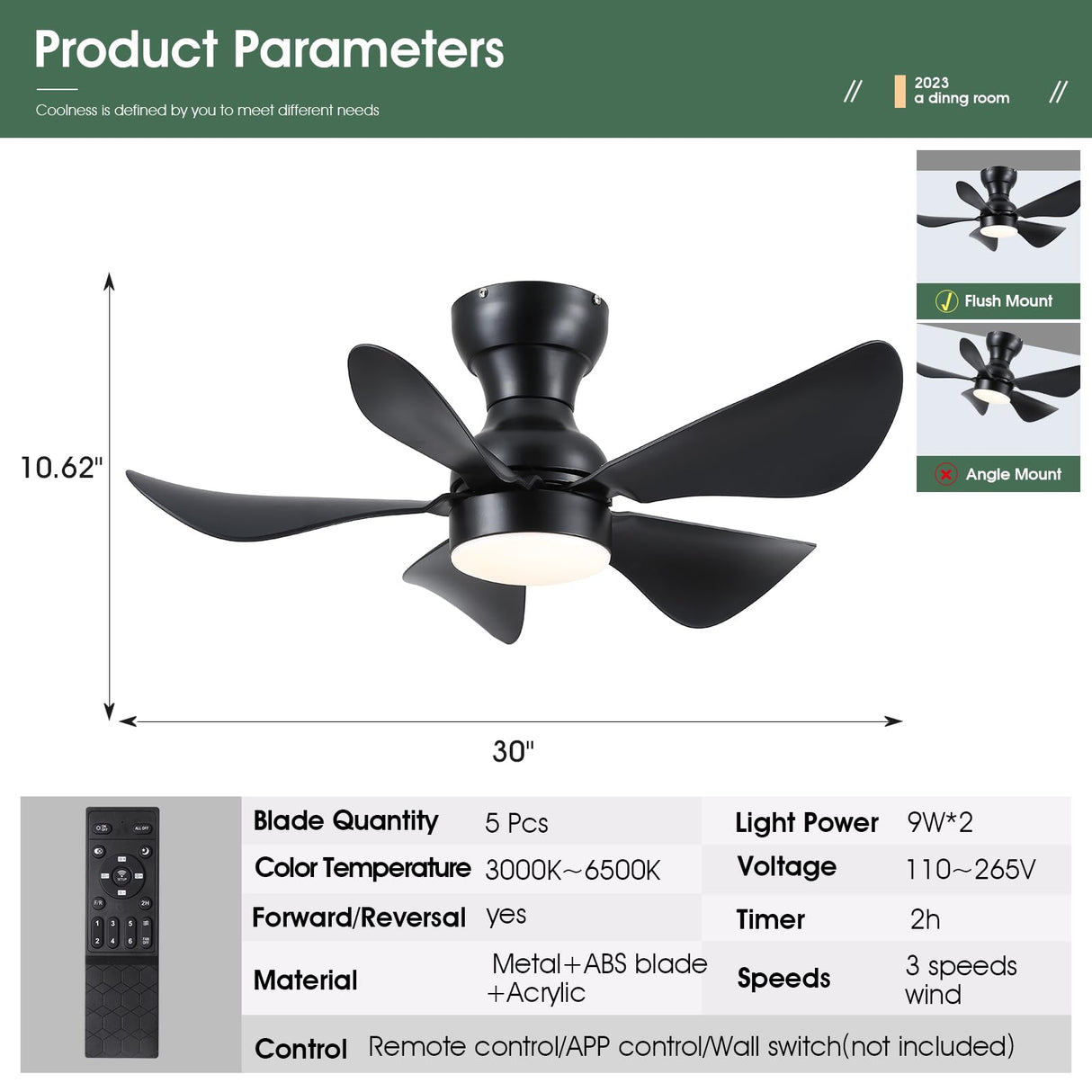Kviflon Ceiling Fans with Lights and Remote/APP Control, 30 inch Low Profile Ceiling Fans with 5 Reversible Blades 3 Colors Dimmable 6 Speeds Ceiling Fan for Bedroom Kids Room Dining Room, Black Kviflon