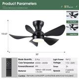 Kviflon Ceiling Fans with Lights and Remote/APP Control, 30 inch Low Profile Ceiling Fans with 5 Reversible Blades 3 Colors Dimmable 6 Speeds Ceiling Fan for Bedroom Kids Room Dining Room, Black Kviflon