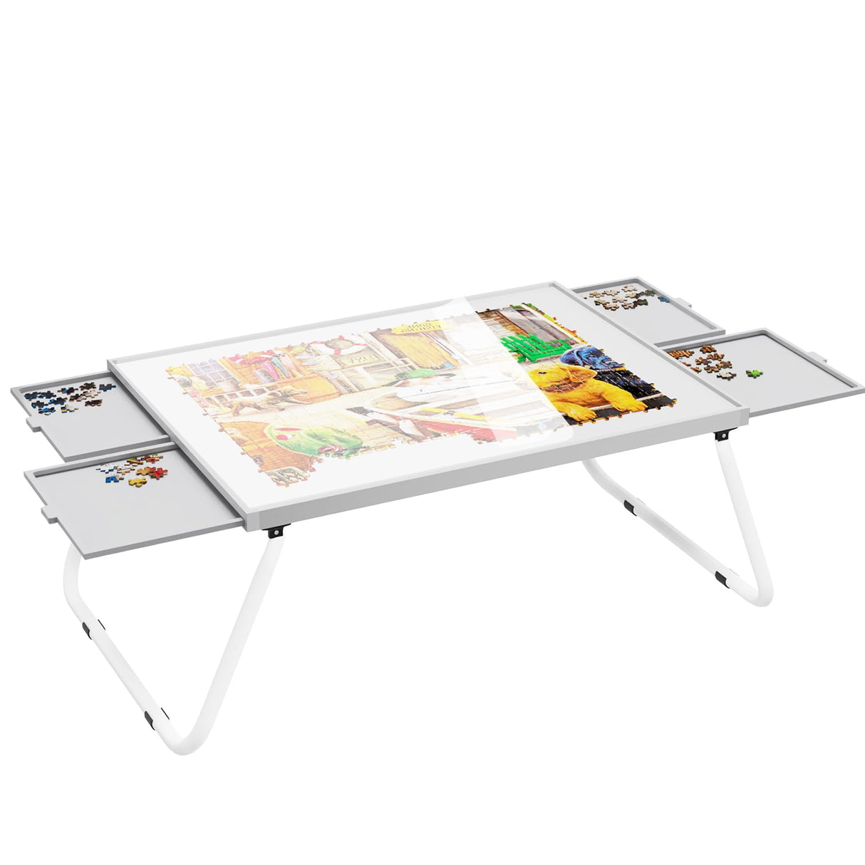 Puzzle Table 1500 Pieces,Jigsaw Puzzle Table Metal,Puzzle Table with Drawers,Puzzle Board with Legs,Grey and White Color,Puzzle Tables for Adults,Jigsaw Puzzle Board with Drawers Doerpuz