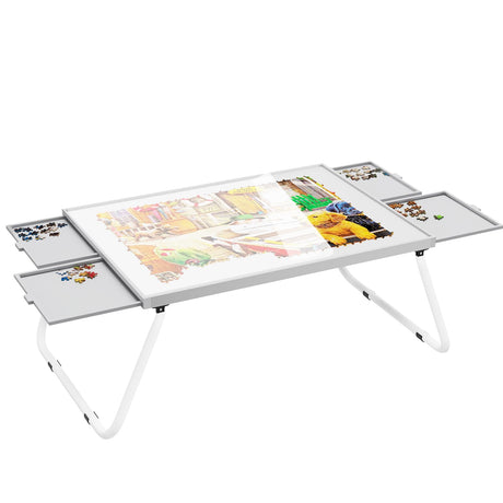 Puzzle Table 1500 Pieces,Jigsaw Puzzle Table Metal,Puzzle Table with Drawers,Puzzle Board with Legs,Grey and White Color,Puzzle Tables for Adults,Jigsaw Puzzle Board with Drawers Doerpuz