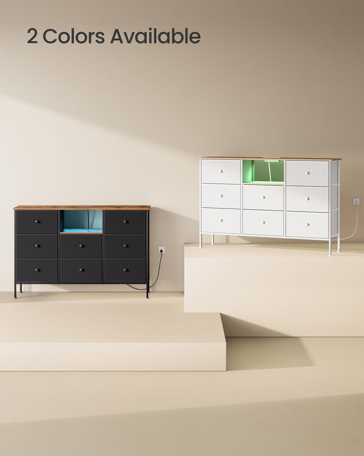 SONGMICS Dresser with Power Outlets and LED Lights, Fabric Chest of Drawers, 25 Colors, 8 Drawers, TV Stand for up to 60 Inch TVs, 11.8 x 47.2 x 31.3 Inches, Ink Black and Rustic Brown ULTS518B01 SONGMICS