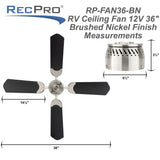RecPro RV 12V Ceiling Fan | 4-Blade | 4-Speed | Near Silent Operation | Reversing Direction Wall Control (Brushed Nickel: Black Blades, 36") RecPro