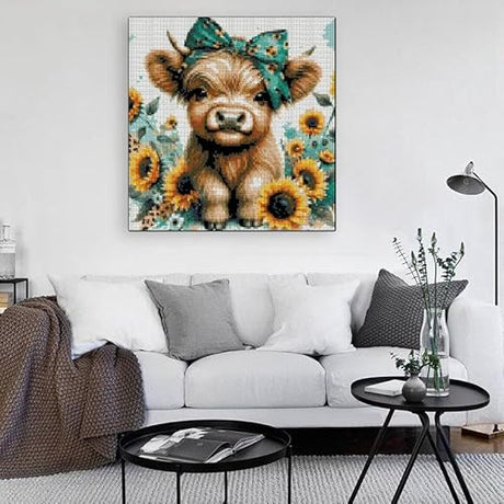 Cow Stamped Cross Stitch Kits for Adults Beginner, Sunflowers Counted Cross Stitch Kits Printed Stitching Cute Patterns Dimensions Needlepoint Art Crafts Embroidery Kits for Adults Beginners TaeYsck