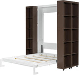 Foldable Hidden Queen Murphy Bed Cabinet with Storage Bookshelf Bookcase, Wood White Murphy Wall Bed with Storage Shelves for Adults (White) MERITLINE